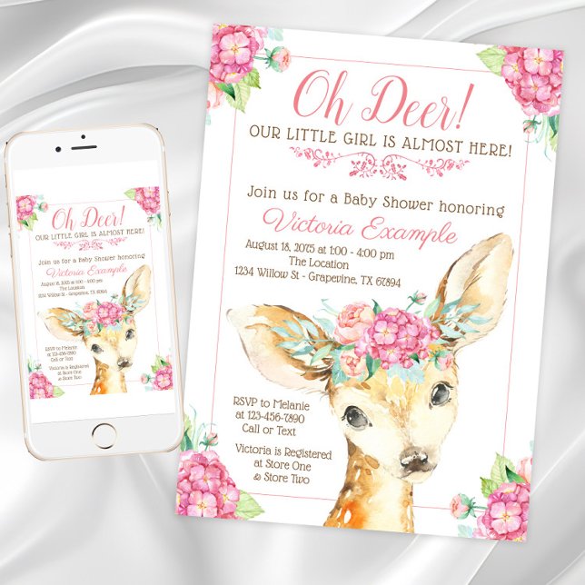 Convite Oh Deer Baby Girl Chás (Girl cute Oh Deer baby shower invitation. Instant download and printed invitations available.)