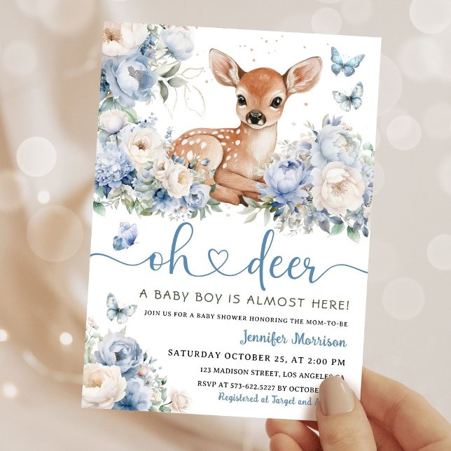 Convite Oh Deer Boy Baby Shower Dusty Blue Invitation (Criador carregado)