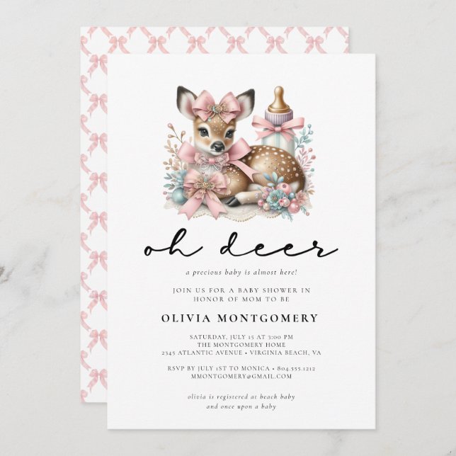 Convite Oh Deer Pink Bows Woodland Forest Baby Shower  (Frente/Verso)