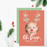 Convite Oh Deer Red Funny Christmas Holiday Photo Card<br><div class="desc">This cute and funny "oh deer,  what a year!" Christmas holiday card features your photo with deer horns and holiday lights on a red background. The reverse side features a green background with white snow patterns. Personalize it for your needs. You can find matching products at my store.</div>