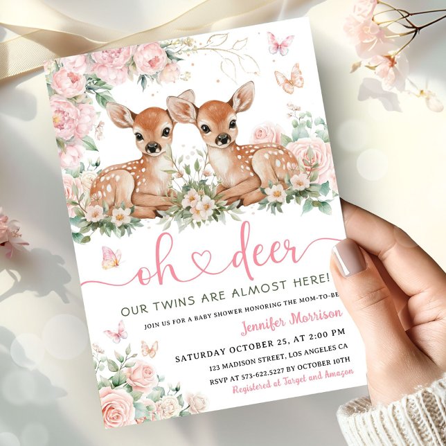 Convite Oh Deer Twin Girls Baby Shower Pink Invitation (Criador carregado)