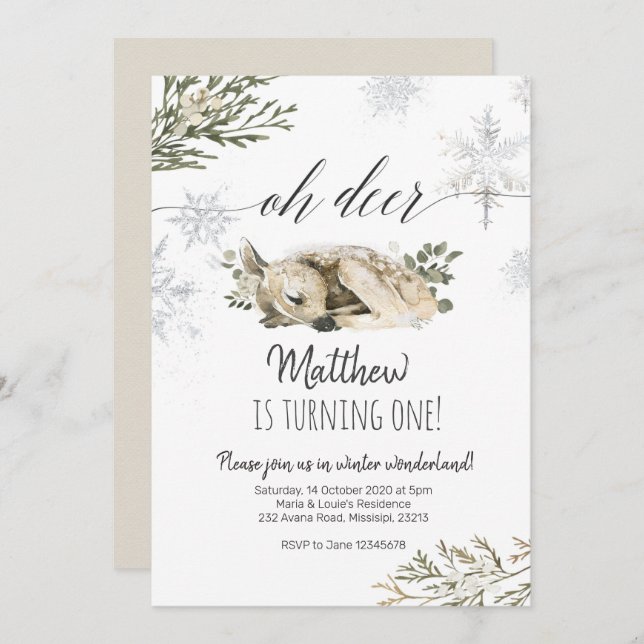 Convite Oh Deer Winter Birthday (Frente/Verso)