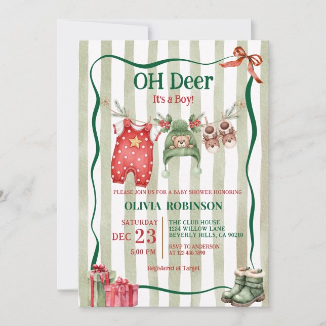 Convite Oh Deer Winter Clothesline Baby Shower  (Frente)