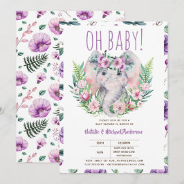 Convite Oh Elefante Bebê com Flores Roxas Chá Moderno