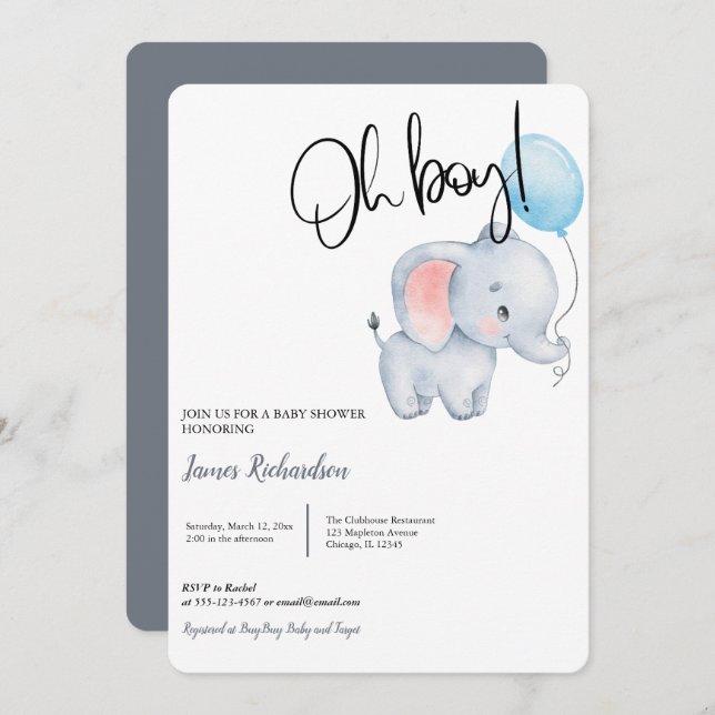 Convite Oh garoto chá de fraldas moderno de balões azuis d (Frente/Verso)