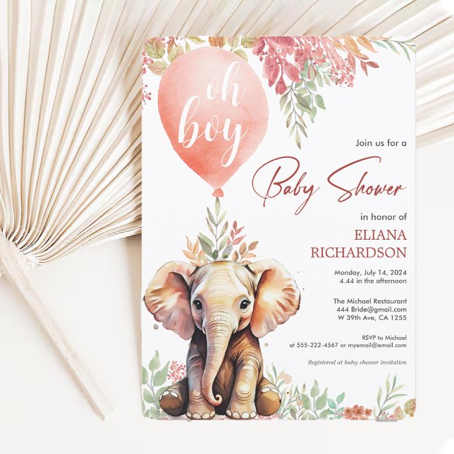 Convite Oh garoto elefante, chá de fraldas de balão de out (Oh boy elephant autumn balloon baby shower invitation)
