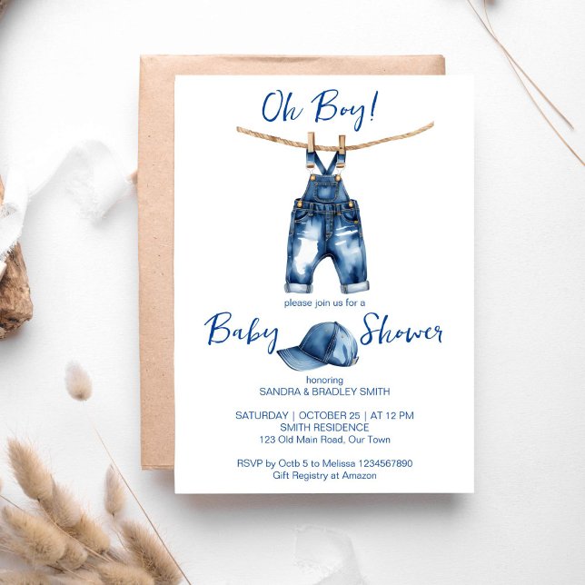Convite Oh garoto jeans azul chá de fraldas (Oh boy blue jeans baby shower template invitation digital download baby jeans on a line sports cap)