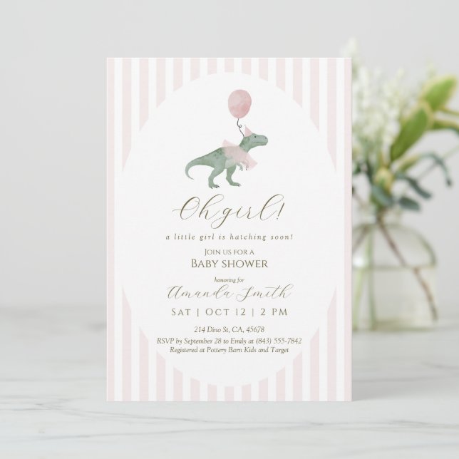 Convite Oh Girl Dinosaur Baby Shower Invitation (Em pé/Frente)