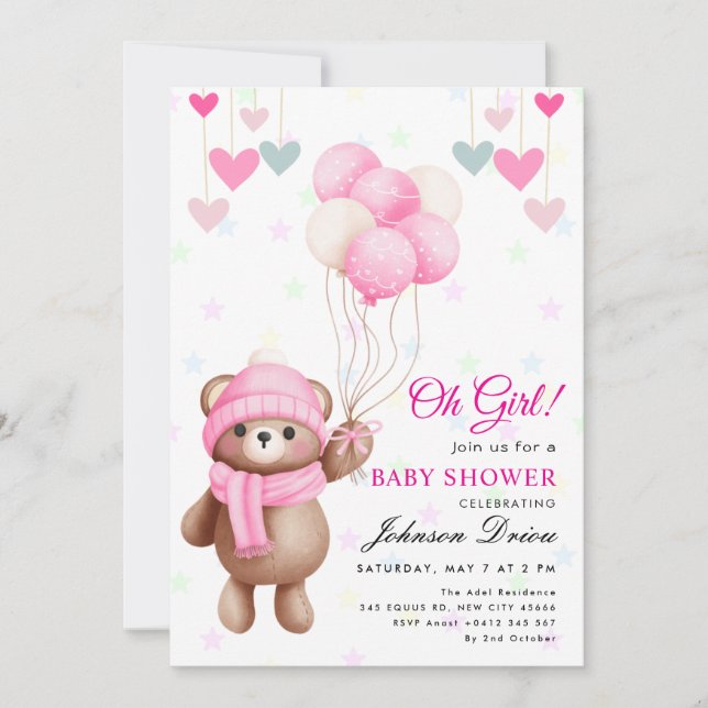Convite “Oh Girl!” teddy bear balloon baby shower (Frente)