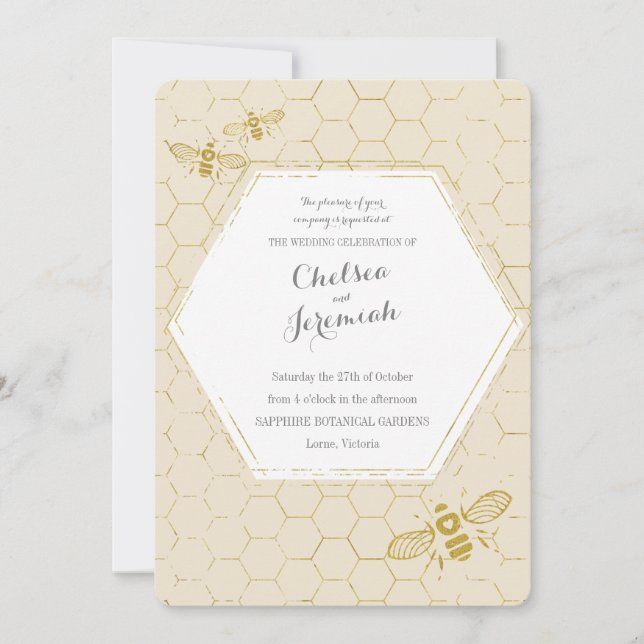 Convite Oh Honey Bee Cream Dourado Casamento Personalizado (Frente)