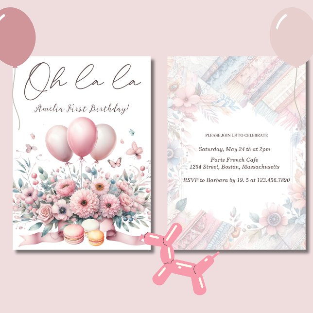 Convite Oh la Blush Pink Floral Baby primeiro aniversario (Criador carregado)