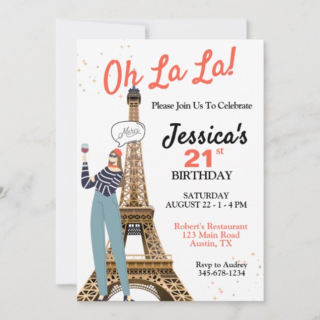 Convite Oh La La Aniversário Tema Paris Qualquer Idade (Frente)