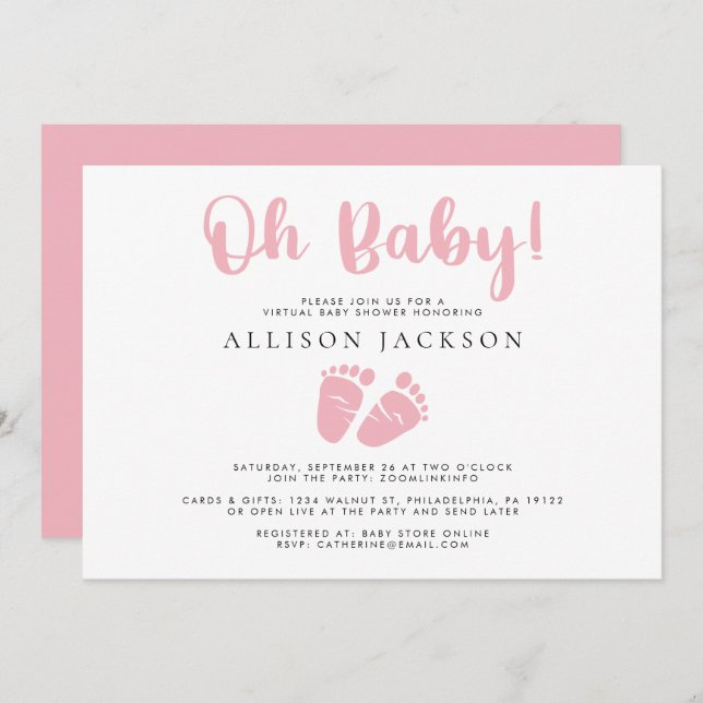 Convite Oh Menina Chá Virtual Rosa Pidinho Pinta Pés-Bebê  (Frente/Verso)
