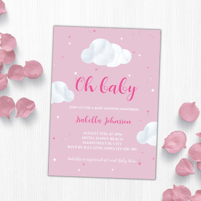 Convite Oh, Menina Rosa Nuvens Rosa Chá de fraldas das Est (oh baby girl pink clouds baby shower invitation)