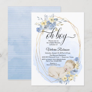 Convite Oh Menino Azul Dourado Aquarela Menino Chá de Bebê