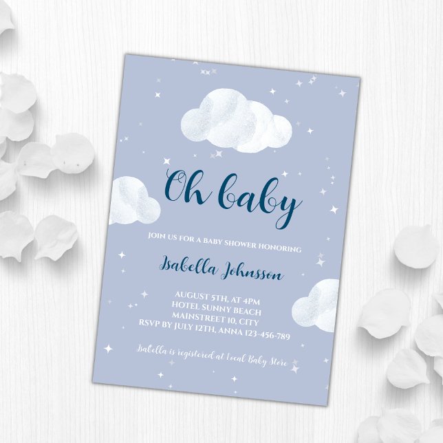 Convite Oh Menino Azul Nuvens Azuis Chá de fraldas das Est (oh baby boy blue clouds baby shower invitation)