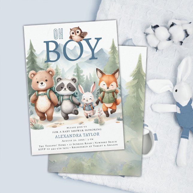 Convite Oh Menino Bastante Chá de fraldas de Rapazes da Fl (woodland baby shower invitation adventure mountain forest cute animals boy hiking watercolor)