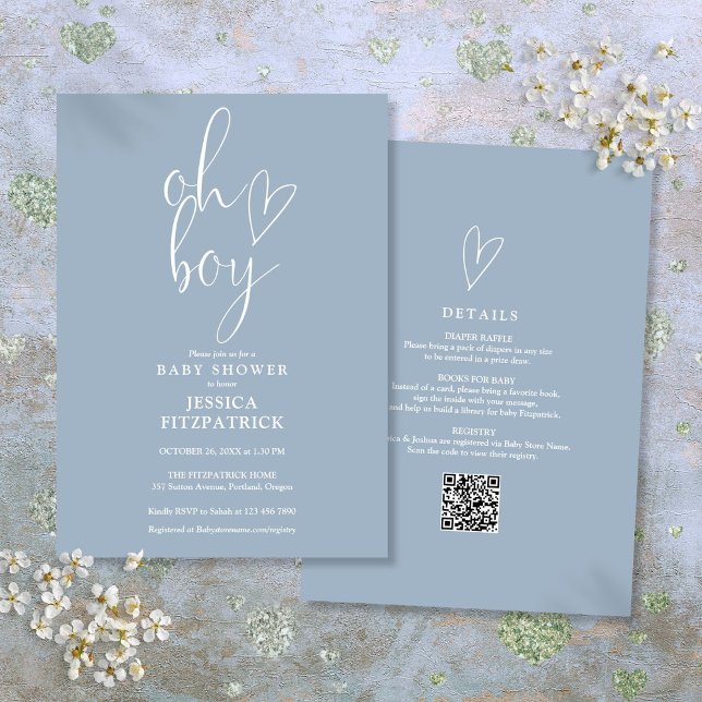 Convite Oh Menino Coração Dusty Blue Boy Tudo Em Um Chá de (Oh Boy Heart Dusty Blue Boy All In One Baby Shower Invitation)