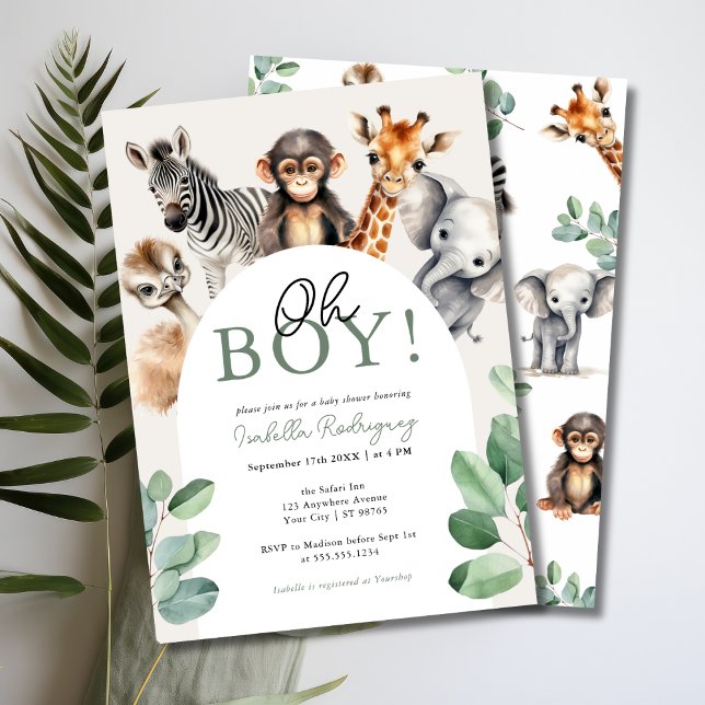 Convite Oh Menino, Cute Safari Animal Greenerescente Chá d (Oh Boy, Jungle Safari Baby Shower Invitation)