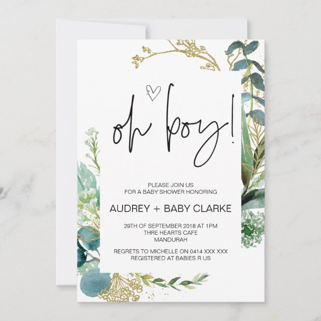 Convite Oh Menino Festa de Chá de fraldas Verde Eucalyptus (Frente)