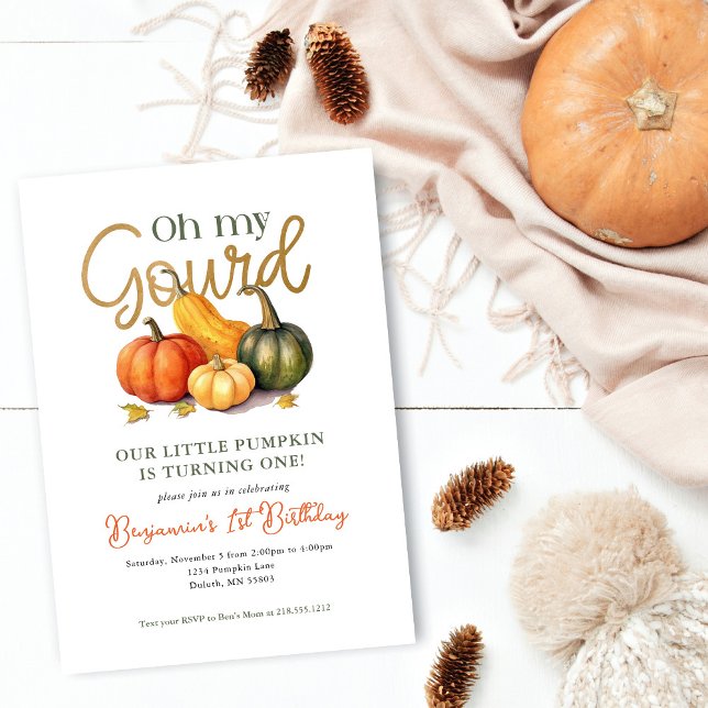 Convite Oh Meu primeiro aniversario De Abóbora (Oh My Gourd Little Pumpkin 1st Birthday Invitation. First Birthday invite. Gender neutral birthday.)