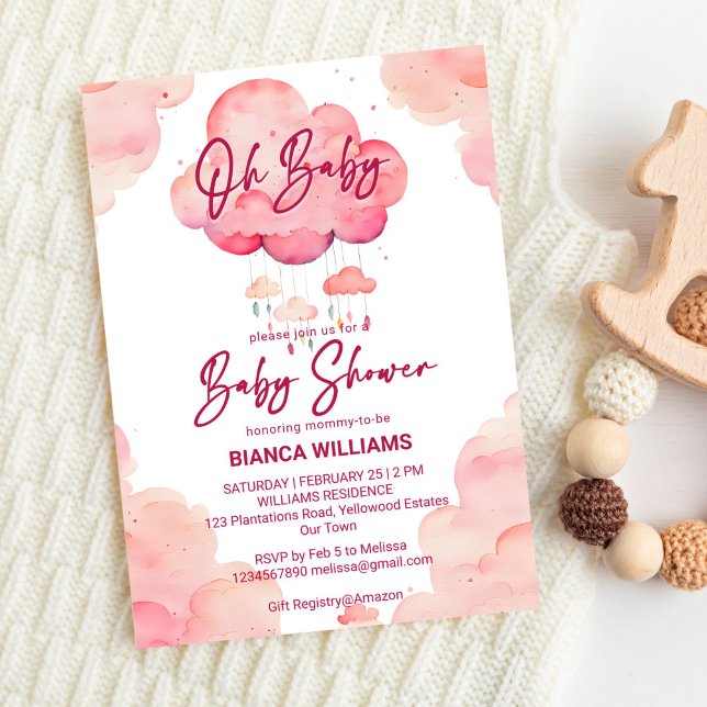 Convite Oh, modelo de chá de fraldas de nuvem branca-rosa- (Oh baby pink whimsical cute cloud girls baby shower invite template digital download modern casual)