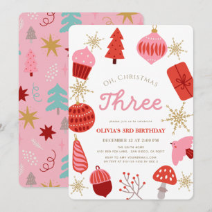 Convite Oh Natal Três Aniversário de 3 anos Rosa