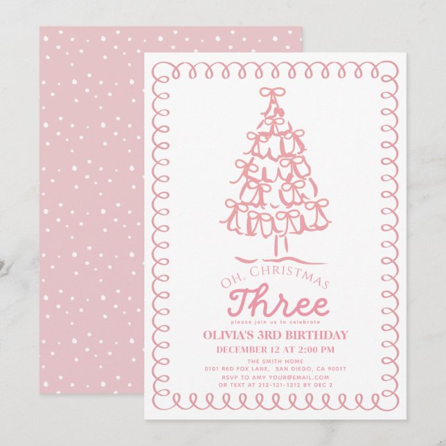 Convite Oh Natal Três Árvore com Laço Rosa Aniversário de  (Frente/Verso)