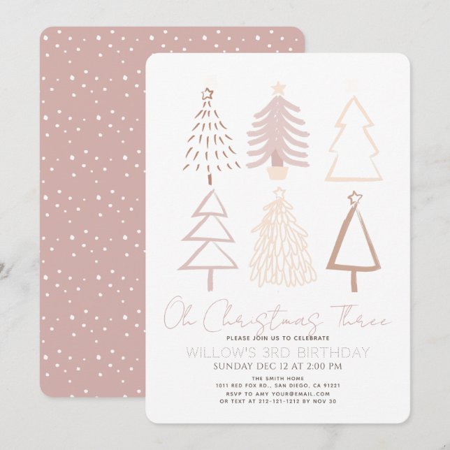 Convite Oh Natal Três Boho Árvores Rosa Aniversário de 3 a (Frente/Verso)