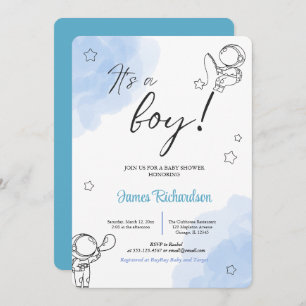 Convite Oh niño eucaliptos modernos globos azules bebé