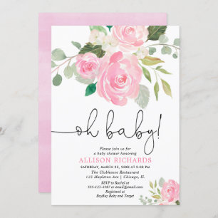 Convite Oh o bebê cora aguarelas florais do chá de fraldas