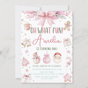 Convite Oh, que belo Natal cor-de-rosa Primeiro Aniversári