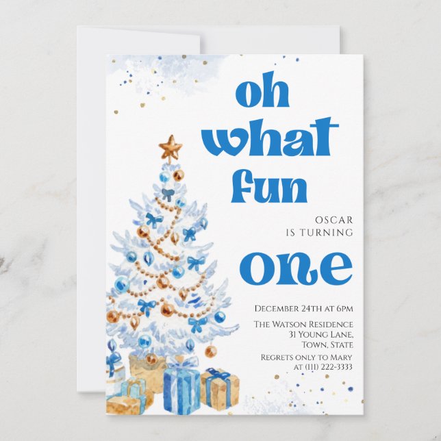 Convite Oh que diversão Árvore azul de natal aniversário  (Frente)