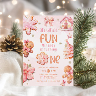 Convite Oh que diversão rosa Natal 1º aniversário