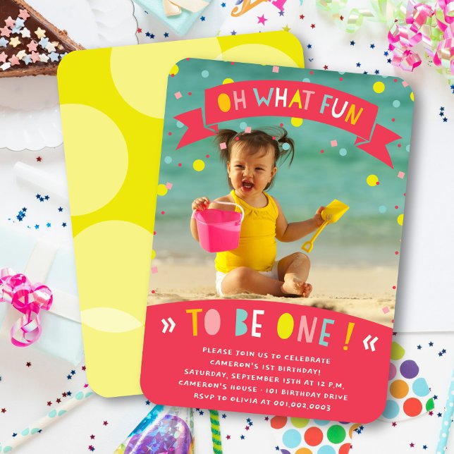 Convite Oh, que divertida Confetti Primeira Festa de anive (Oh What Fun To Be One Colorful Confetti Girl 1st Birthday Party Photo Invitation @ fatfatin)