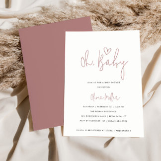 Convite Oh, Rosa Minimalista Dusty, Chá de fraldas Branco