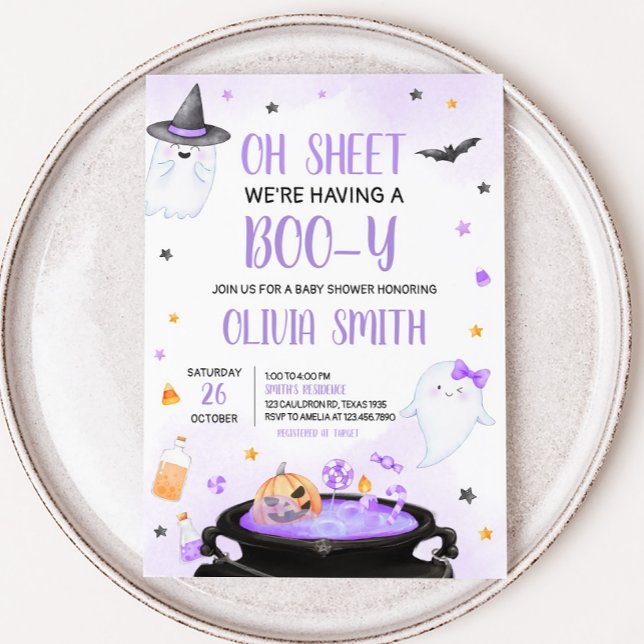 Convite Oh Sheet Boo-y Halloween Chá de fraldas (Purple Oh Sheet Boo-y Ghoul Baby Shower Invitation
)