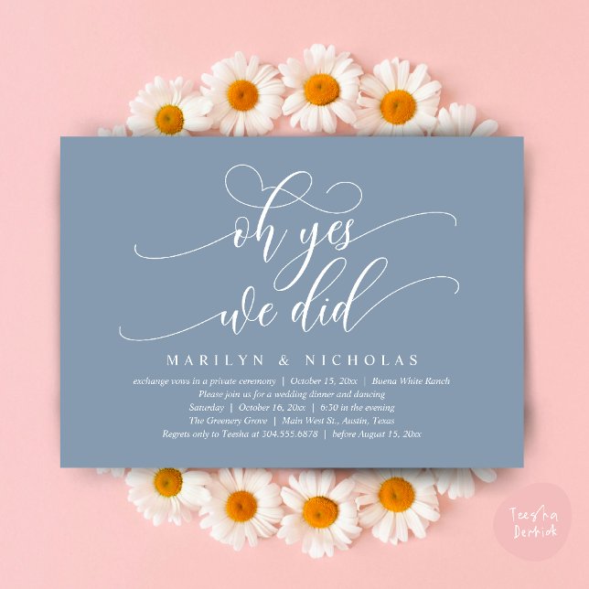 Convite Oh Sim, Nós Fizemos, Jantar e Festa de Casamento M (Oh Yes, We Did, Wedding Elopement Dinner Romantic Modern Party Invitation Card PDF Dusty Blue)