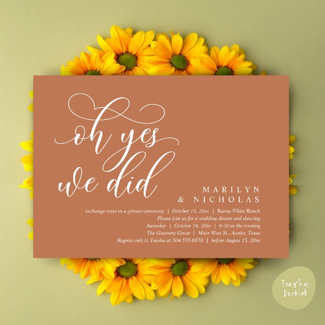 Convite Oh Sim, Nós Fizemos, Jantar e Festa de Casamento M (Oh Yes, We Did, Wedding Elopement Dinner Romantic Modern Party Invitation Card PDF Copper Brown)
