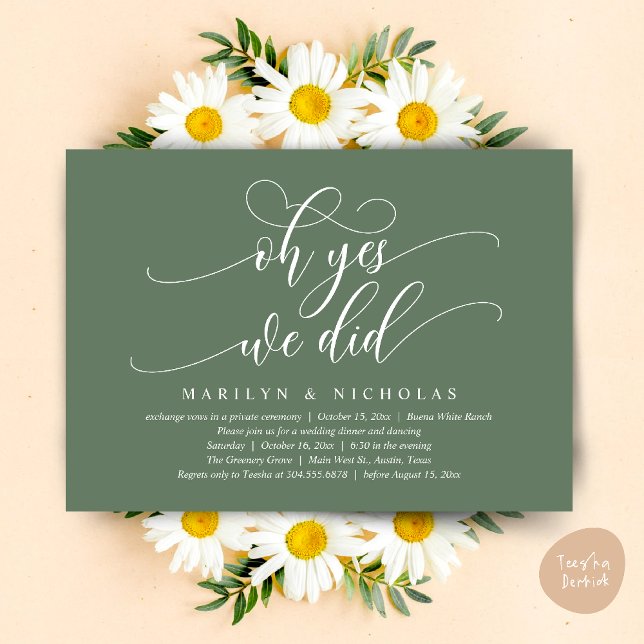 Convite Oh Sim, Nós Fizemos, Jantar e Festa de Casamento M (Oh Yes, We Did, Wedding Elopement Dinner Romantic Modern Party Invitation Card PDF Sage Green)