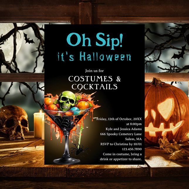Convite Oh Sip Funny Black Martini Fantasia de Halloween F (Criador carregado)
