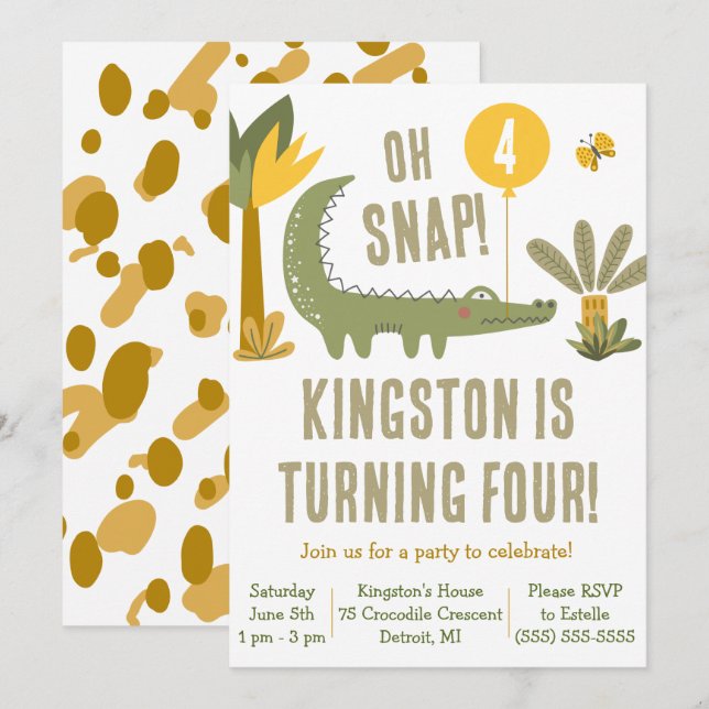 Convite Oh, Snap! Alligador, crocodilo, pântano Aniversári (Frente/Verso)