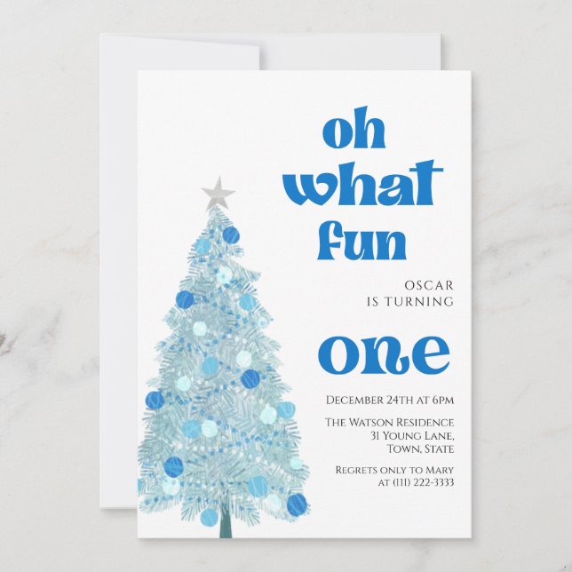 Convite Oh what fun Blue tree christmas Boy birthday  (Frente)