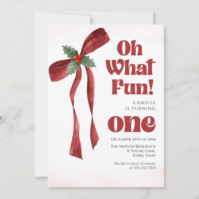 Convite Oh what fun Bow christmas girl birthday  (Frente)