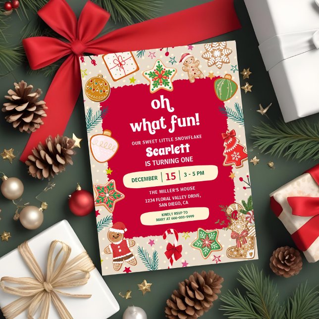 Convite Oh What Fun Christmas Cookies 1st Birthday Party (Oh what a fun Christmas Gingerbread cookie 1st birthday party invitation)