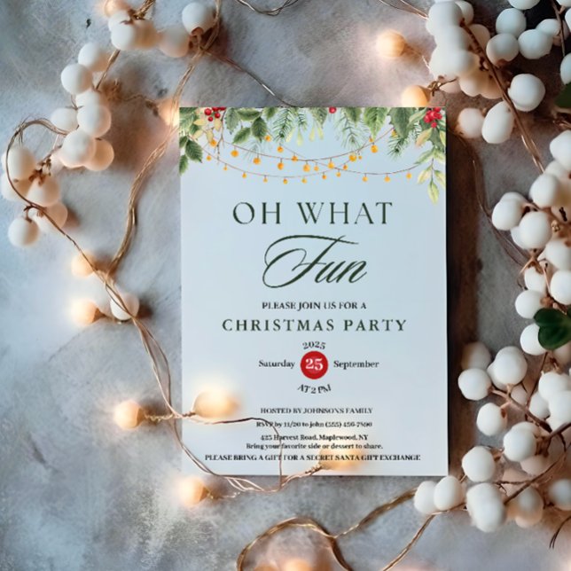 Convite Oh What Fun Greenery String Light Christmas Party (Oh What Fun Greenery String Light Christmas Party Invitation holiday holly berries botanical branch )