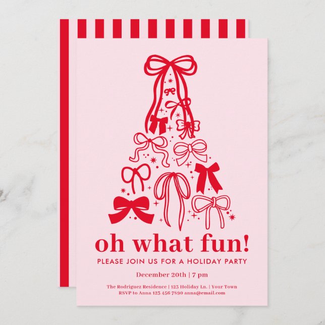 Convite Oh What Fun Modern Pink Red Holiday Party (Frente/Verso)
