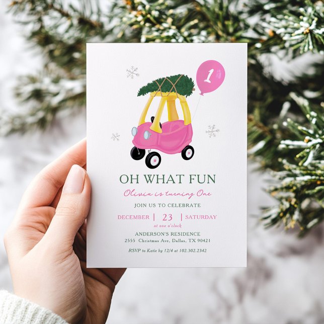 Convite Oh What Fun Pink Car Girl 1st Birthday Invitation (Criador carregado)