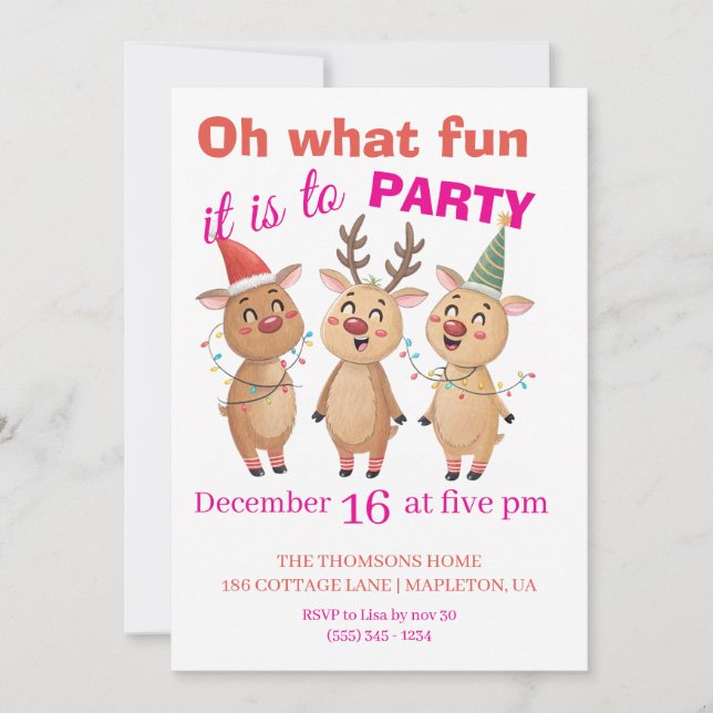 Convite Oh what fun reindeers holidays party  (Frente)
