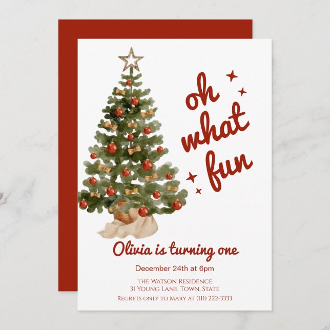 Convite Oh what fun tree christmas birthday  (Frente/Verso)